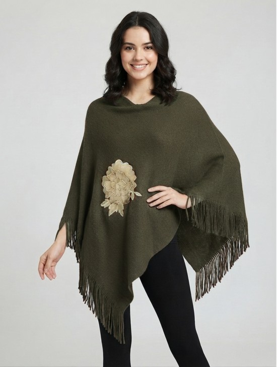 3D Floral Embroidery Poncho W/ Fringes 3D Floral Embroidery Poncho W/ Fringes